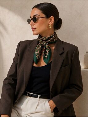 Silk-Feel Green geometric Print Neck Scarf